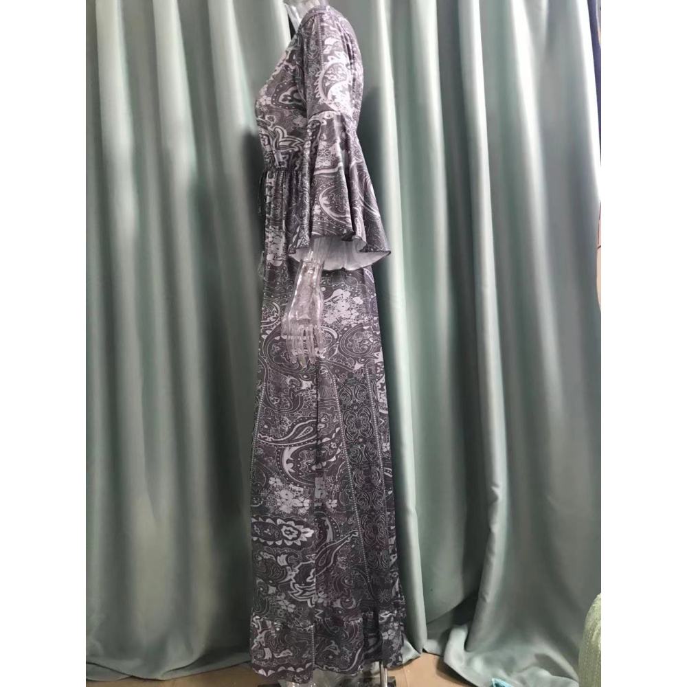 Langes Urlaubskleid im Bohemian-Stil mit Glockenärmeln, V-Ausschnitt und hoher Taille für Damen