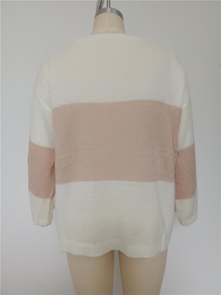 2025 New Style Plus Size Women’s Round Neck Color Block Striped Loose Knit Sweater