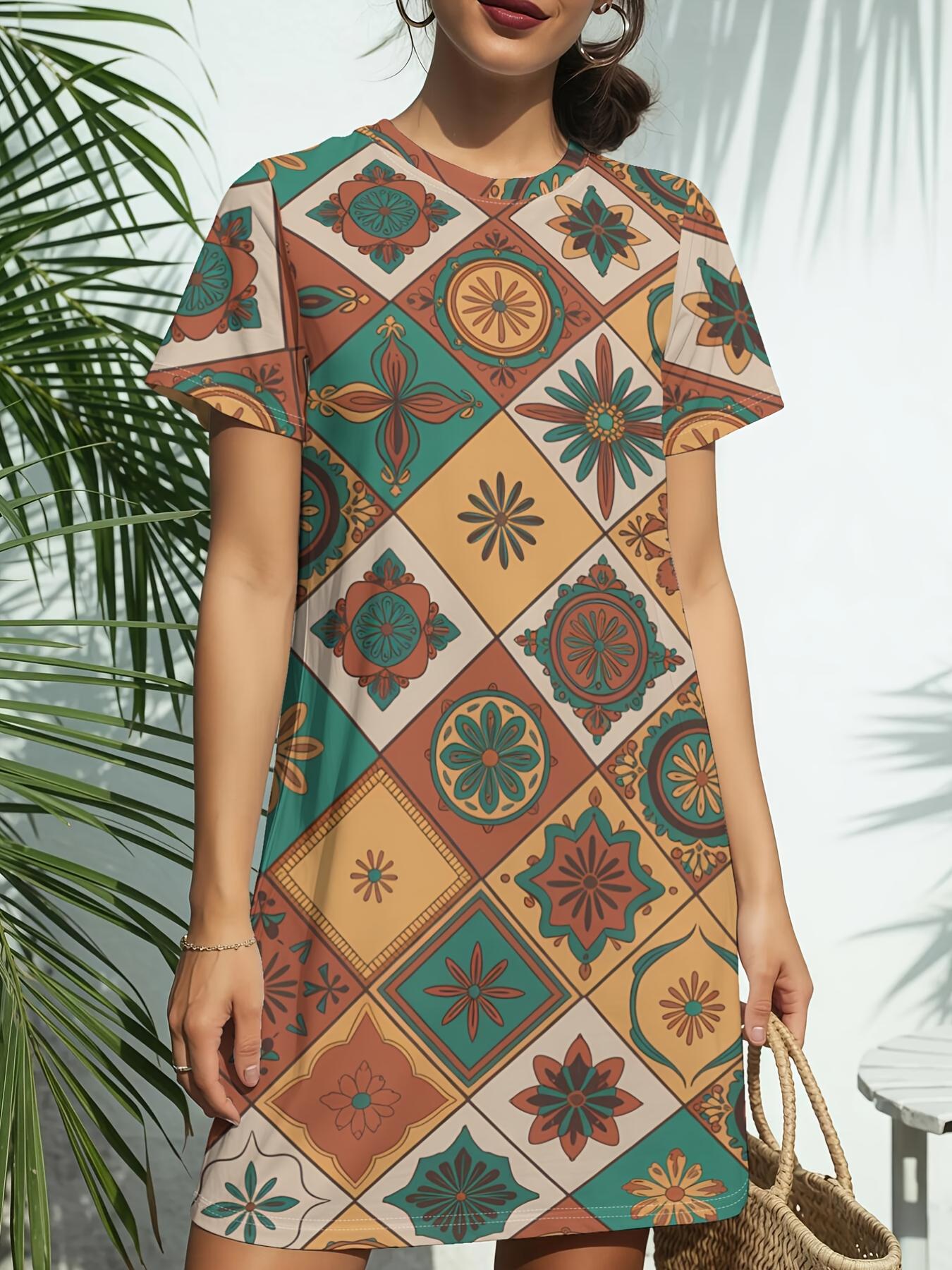 

Decorative TileNew Arrival Women s Round Neck Short-Sleeve T-shirt Dress.American Trendy Digital Print. Casual Versatile Style for Spring and Summer.E XS дубильная кора