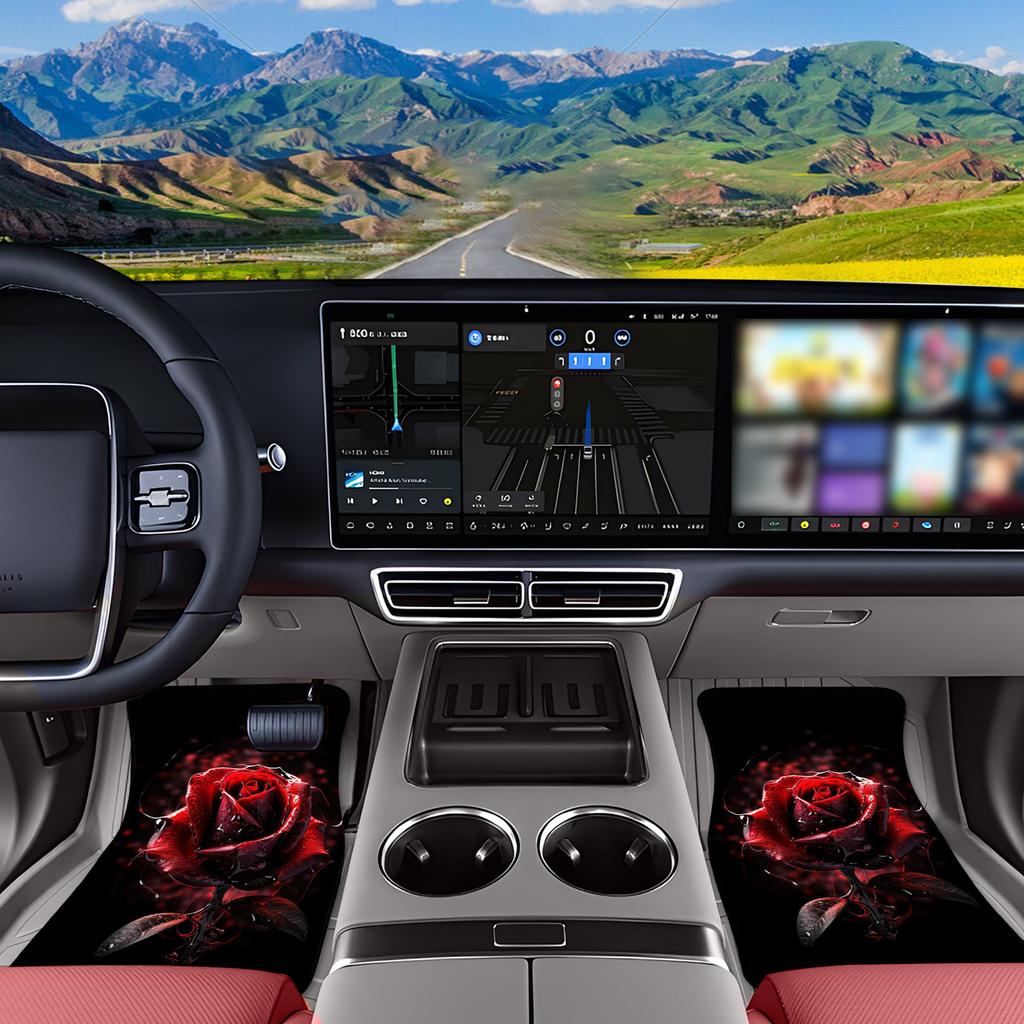 A Set of Four Universal Car Floor Mats Featuring a Rose Flower Design, Designed Both Front And Rear Seats of Any Vehicle