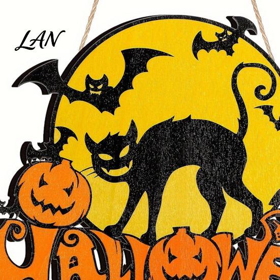 Vintage Dark Style Home Decor Halloween Wood Door Hanger Sign, Pumpkin And Black Cat Printed, with Hemp Rustic Rope Lanyard, Decorative Wall Pendant,