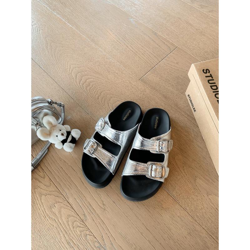 Sheepskin version~ Height increase 3.5cm~ Lazy round head double buckle with beach wear cool slippers