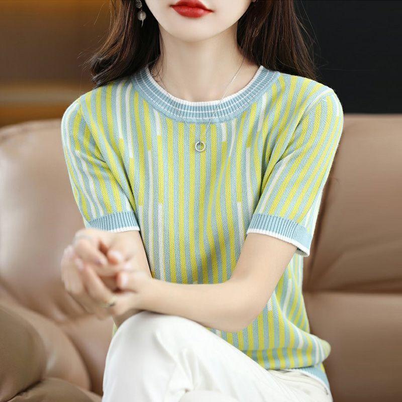 Summer Women Clothing Striped T-Shirts Contrast Color New Slim O-Neck Screw Thread Fashion Casual Short Sleeve Thin Knitted Tops