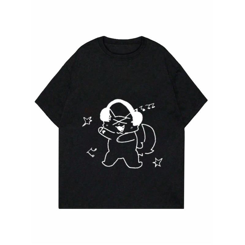 Cool Plan Dancing Cartoon Animal with Headphones Printed Black Women's Short-Sleeve T-Shirt