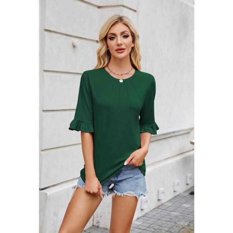 Women's Spring and Summer New Solid Colour Striped Round Neck Ruffled Sleeve Mid-sleeve T-shirt Tops