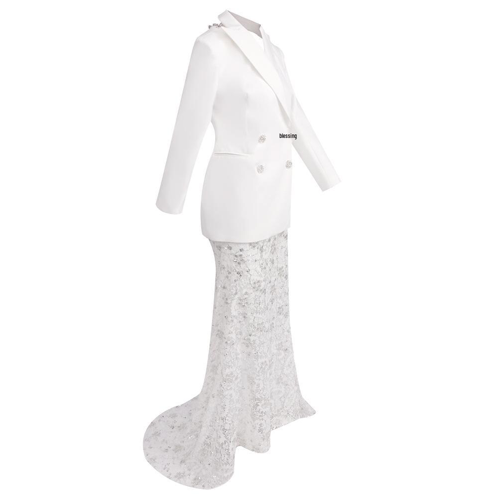 Elegant Rhinestone Beaded Suit Jacket and Skirt Two-Piece Set