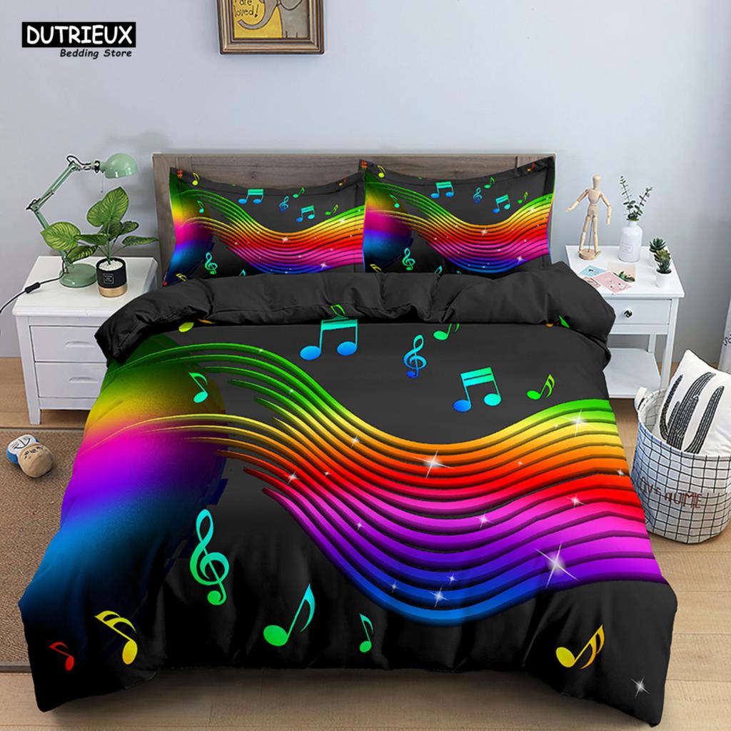 Musical Note Bedding Set 2/3pcs Music Theme Quilt Cover King/Queen Size With Pillowcase Fashionable Psychedelic Soft Duvet Cover