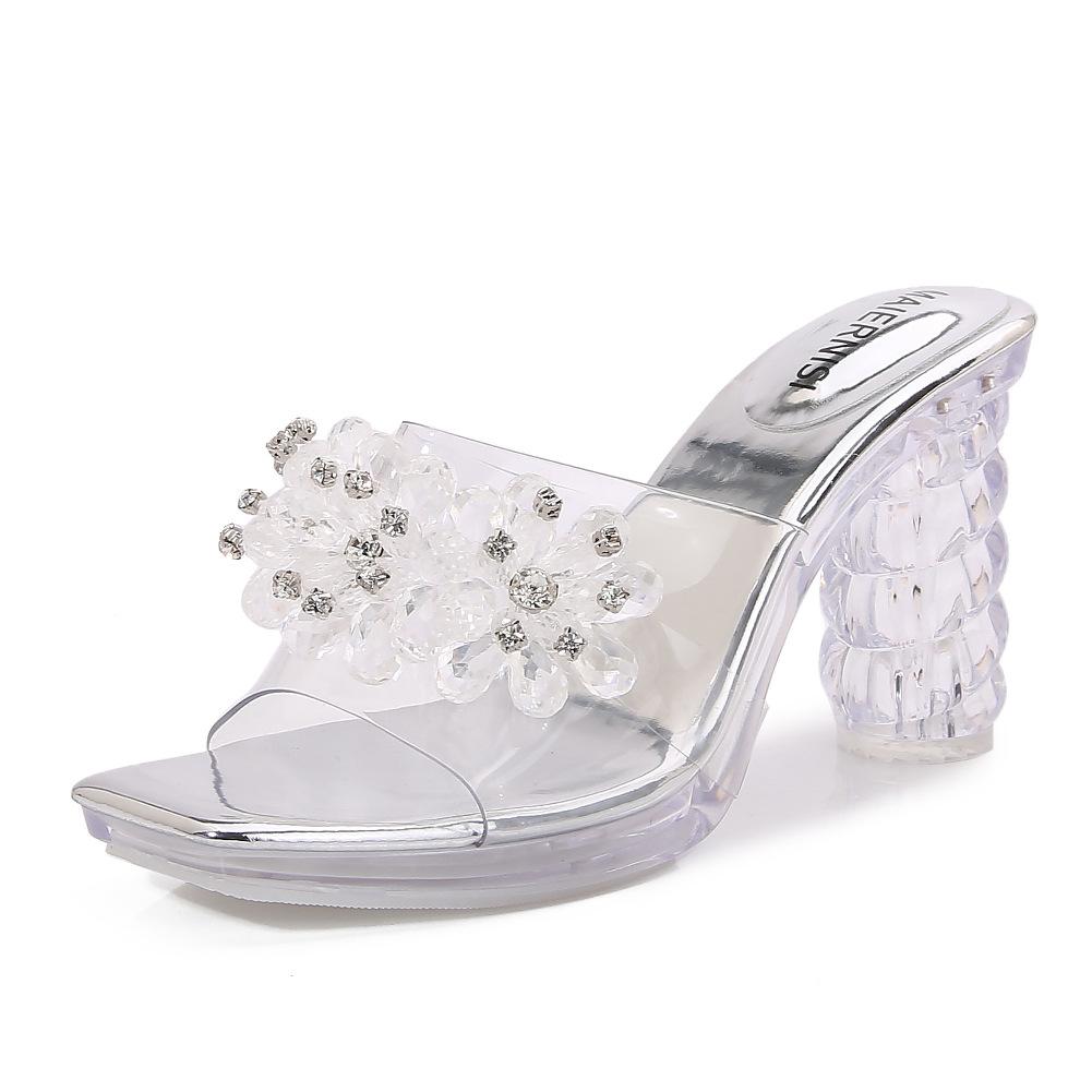 Transparente Strass dicke hohe Absätze Sommer tragen Kristall Sandalen Schuhfabrik neu Laufsteg Sandalen