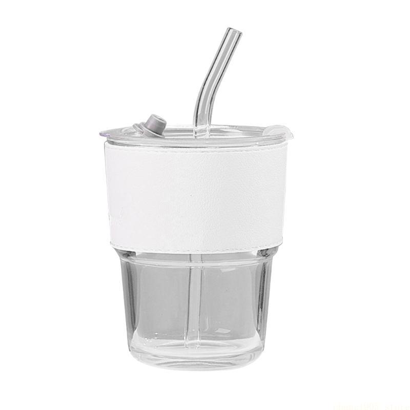 QX2E 400ML Bamboo-Joint Glass Cup With Lid and Straw Transparent-Bubble Tea Cup Juice Glass Beer Can Milk Cups Breakfast-Mug