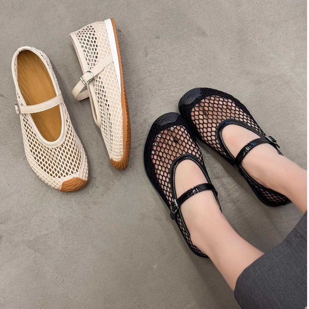 European Station Women's Summer Hollow Mesh Round Head One-word Ballet Shoes Soft Sole Comfortable and Breathable Mary Jane Shoes