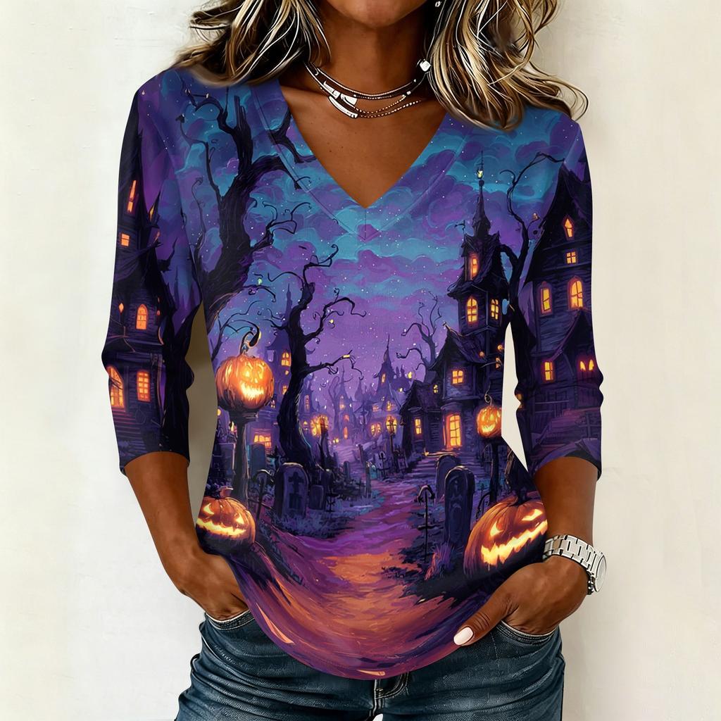 Womens Halloween Graphic V Neck T Shirt Casual 3/4 Sleeve Top Autumn Seasonal Print Loose Fit Pullover