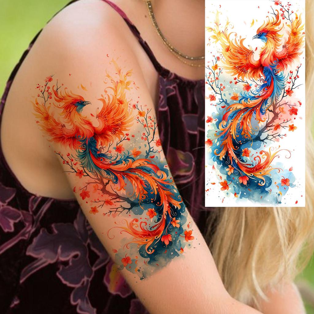 1 Sheet Phoenix Watercolor Temporary Tattoos For Women Girls Fake Covers Up Water Transfer Tattoo Sticker Adults Arm Waist Thigh