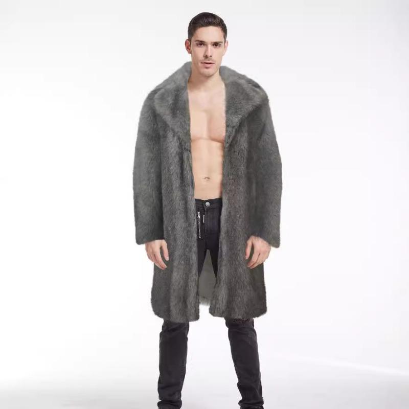Men's Gray Faux Fur Coat Lapel Mid-Length Warm Winter Outerwear