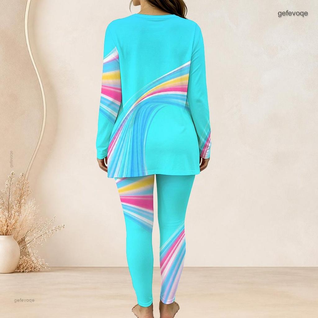 Women Plus Size Two Piece Pants Set Round Neck Long Sleeve Colorful Swirl Printed Longline Top Fitted Pants