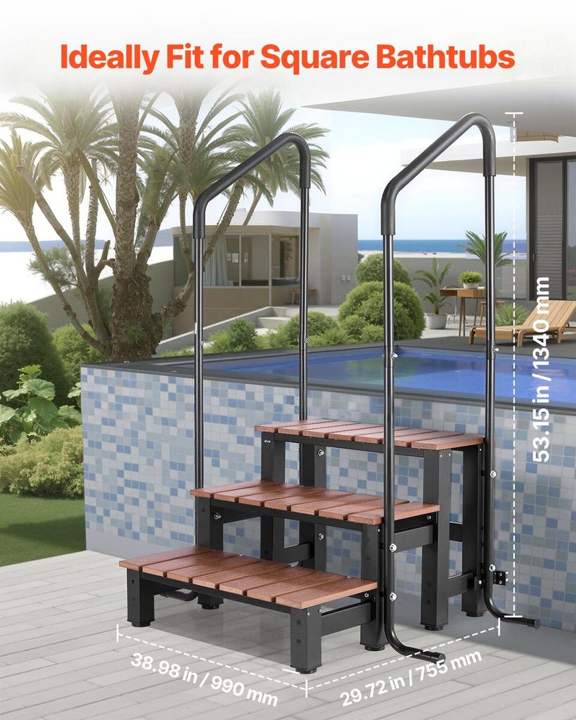 Hot Tub Step with Handrail, 3-Step Spa Outdoor Stairs, Heavy Duty 640.1 mm Wide Above-Ground/Inflatable Pool Ladder with 249.5 kg Weight Capacity,