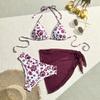 Patchwork print bikini split three-piece set with a high waist and conservative belly cover to show slim and individual