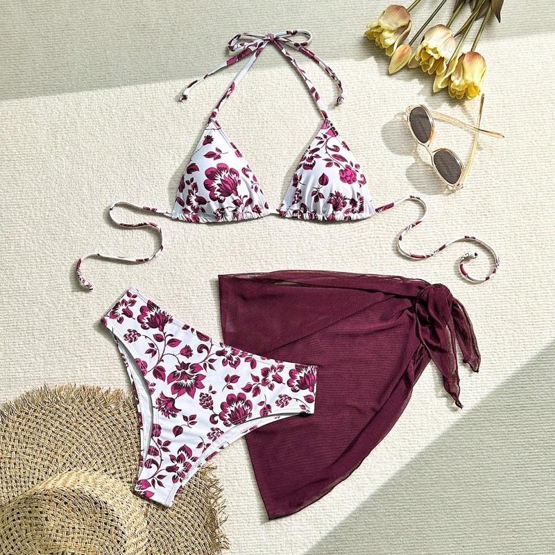 Patchwork print bikini split three-piece set with a high waist and conservative belly cover to show slim and individual