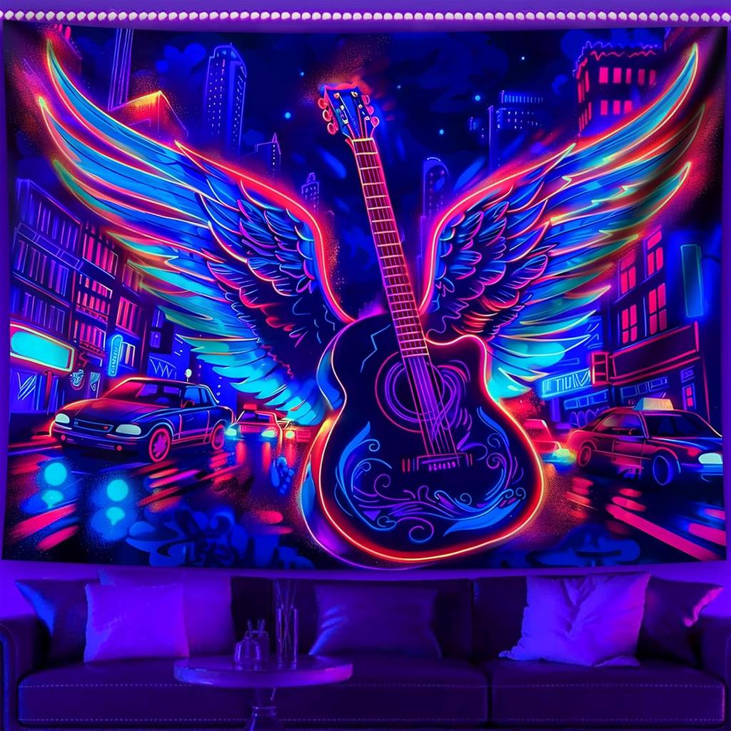 TUGCAY Blacklight Guitar Wing Tapestry UV Reactive Rock Music Tapestry Punk City Car Building Street Wall Hanging Tapestries for Bedroom Dorm Living