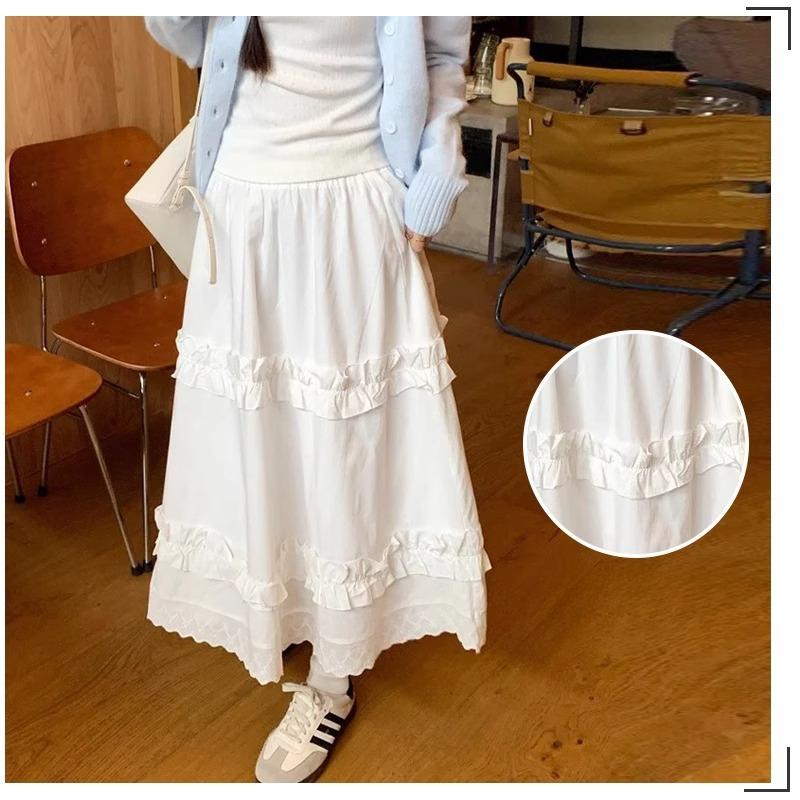 Weißer Holzohr-Kuchenrock für Damen im Frühling und Sommer Neuer A-Linien-Spitzenrock Hochtaillierter Slim-Rock