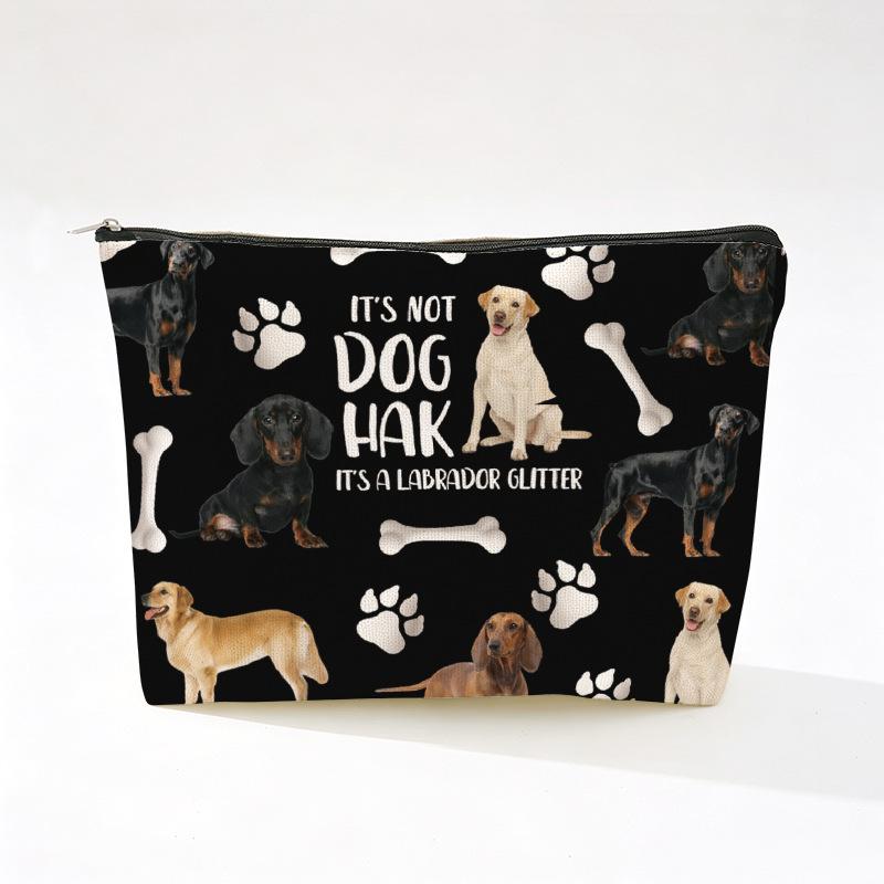 Cute Dog Print Linen Makeup Bag - Wear-Resistant & Portable Storage with Zipper