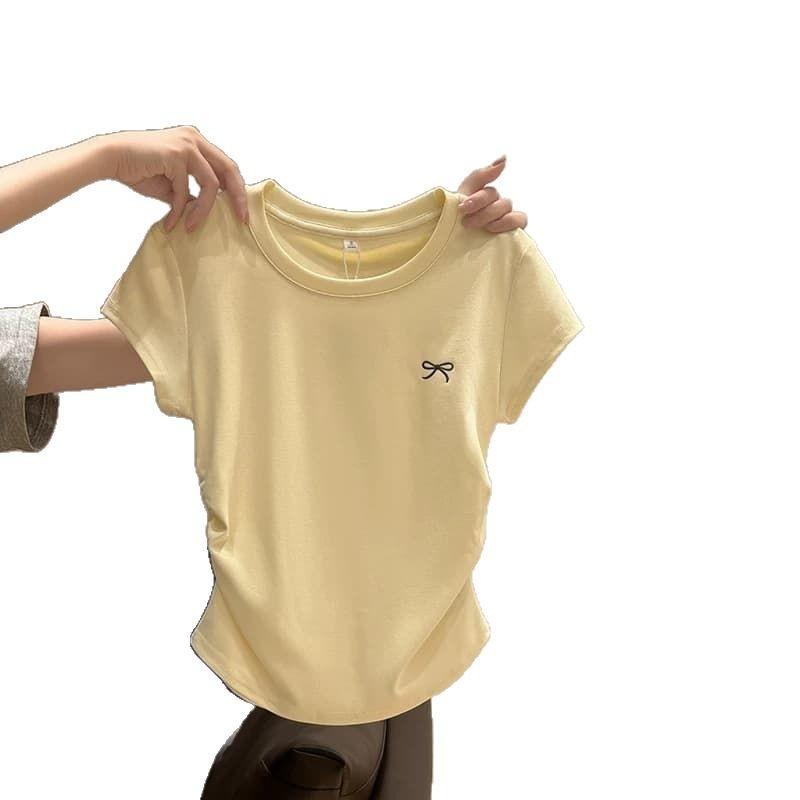 Design-sensory Bow Pleated Waist T-shirt for Women with Round Neck Straight Shoulder Short Sleeve Summer New Small Flying Sleeve Slim Body