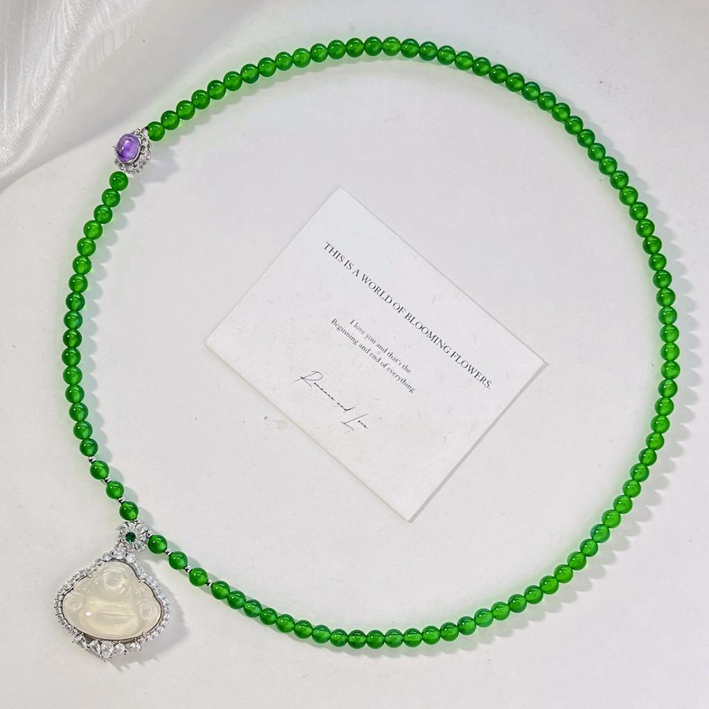 High Quality Natural Freshwater Pearl Ice Transparent Green Chalcedony White Chalcedony Buddha Gong Sweater Chain Necklace