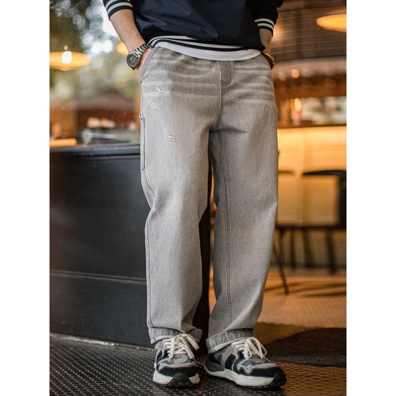 Madden Cargo American vintage Washed Distressed Gray Gray Jeans Ripped Cat Whisker Logging Straight Pants Men's Spring