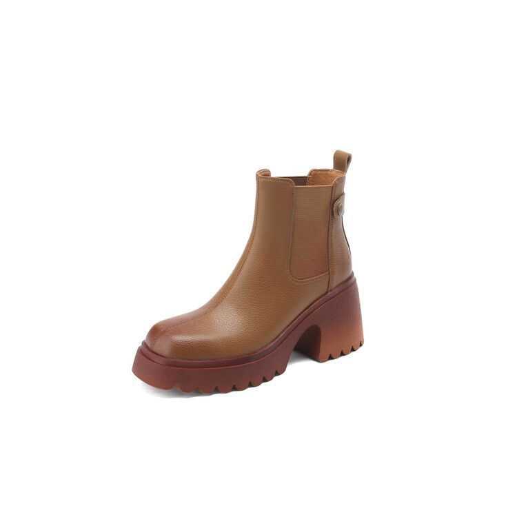 

Ботинки челси женские нескользящие на толстой подошве с резинкой ретро-ботинки Martin толстый каблук-бублик с закругленным носком полированные британские короткие ботинки 40 светло-коричневого