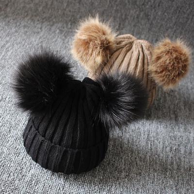 Baby Winter Knit Hat Double Pompom Baby Girl Boy Hat Solid Warm Cute Furry Ball Beanie Caps