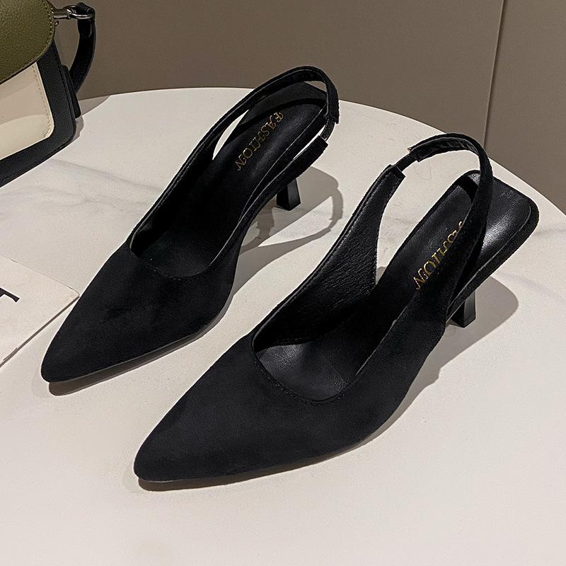 Large size women's shoes 41-43 wide fat feet bag head rear empty stiletto sandals women's summer sexy pointed black high heels single shoes