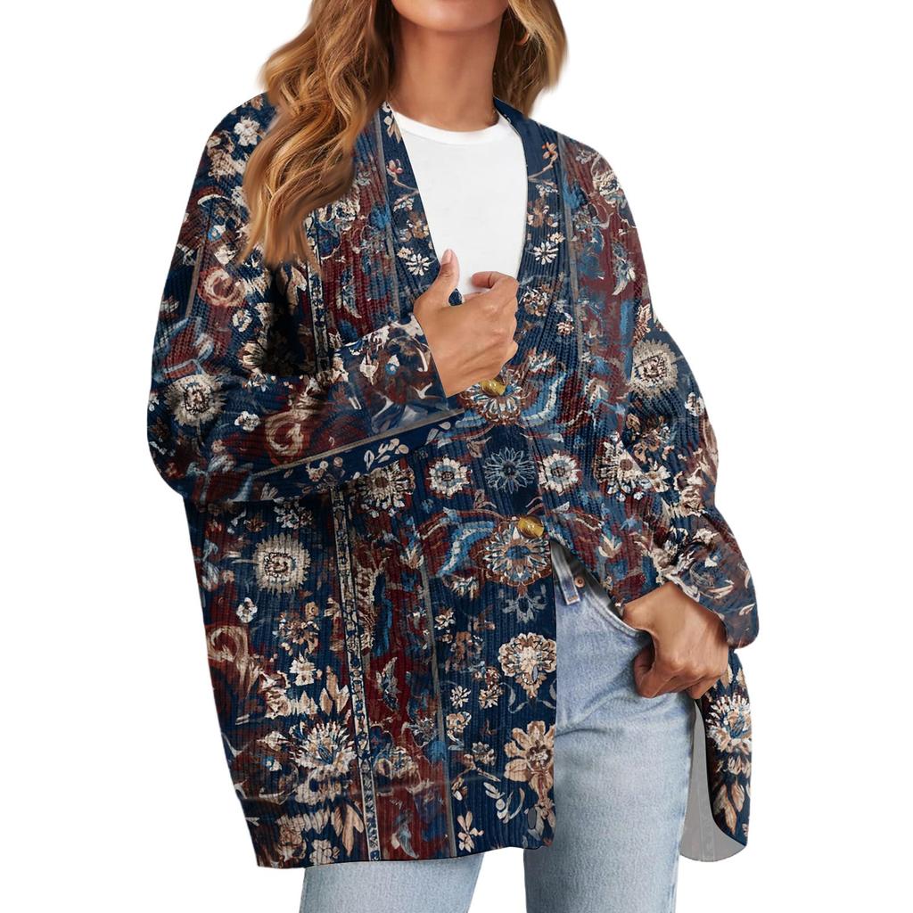 Women's Fashion Long Sleeve Print V-Neck Button Loose Cardigan Top