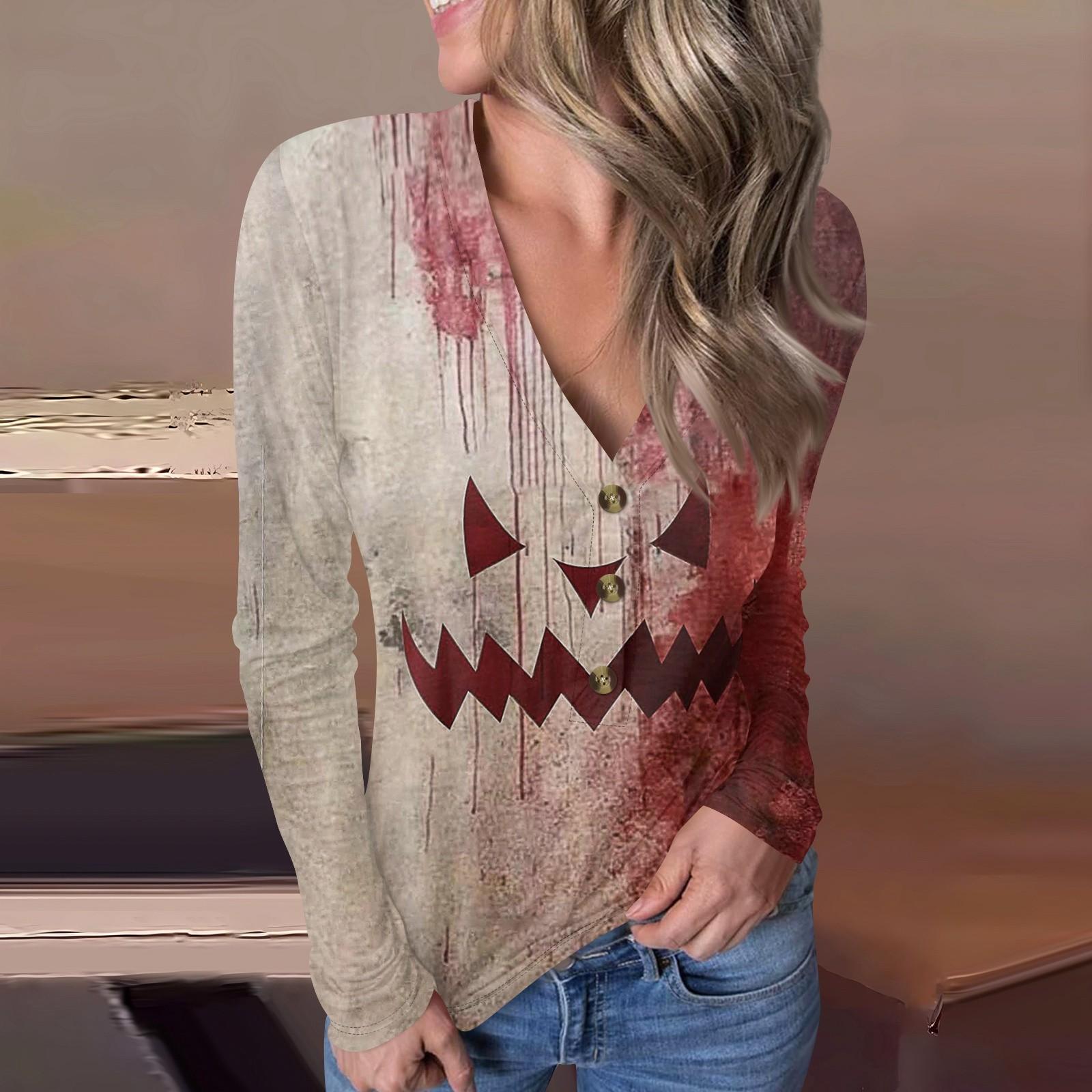 

Женский повседневный пуловер с V-образным вырезом и принтом на пуговицах на Хэллоуин XL арбуз красный