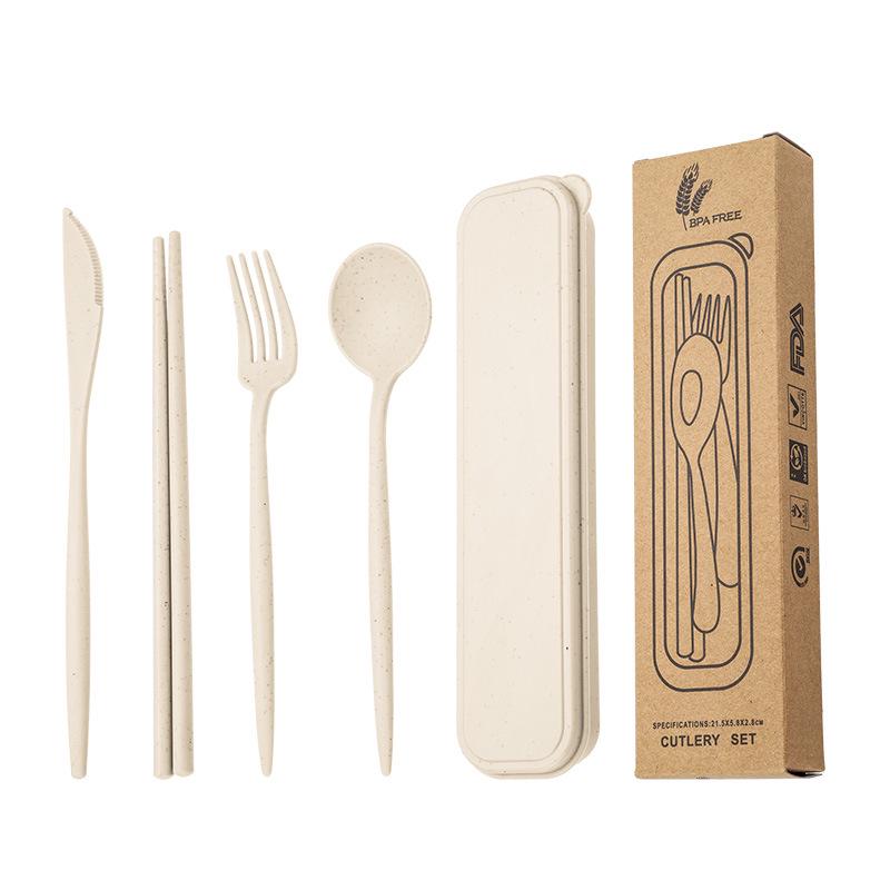 Eco-Friendly Wheat Straw Cutlery Set: Knife, Fork, Spoon & Chopsticks - Portable 4-Piece Tableware for Students & Professionals, Ideal Gift