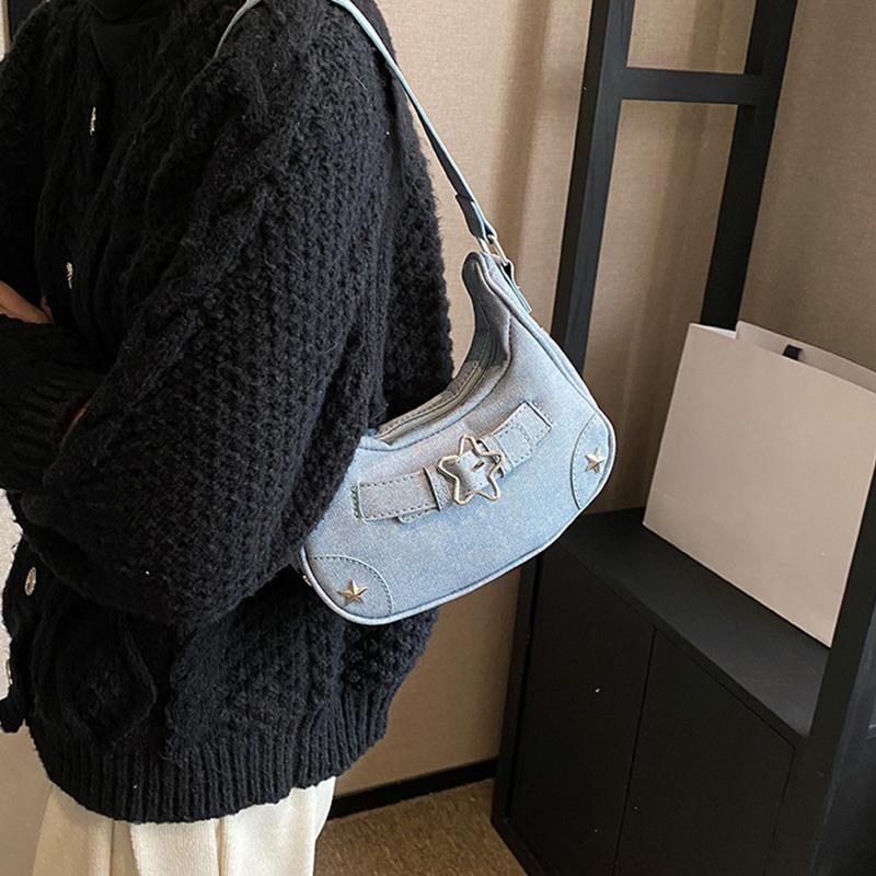 Women Shoulder Handbag Vintage Casual Hobos Denim Star Decor Solid Color Underarm Bag for Girls Ladies Purse Tote