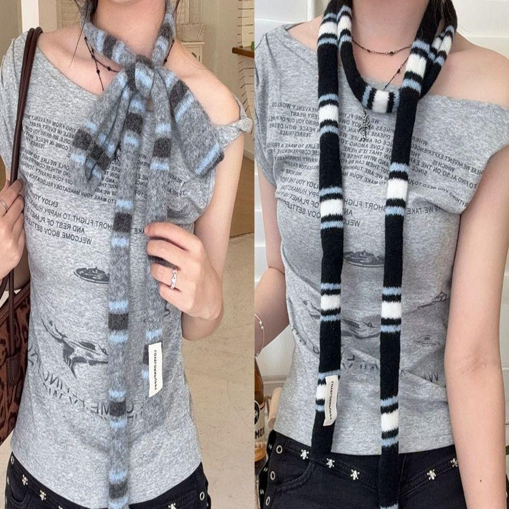 Koreanischer gestrickter gestreifter Skinny Schal stapelbar tragbar warmer Halswärmer weich DIY langer schmaler Schal Damen