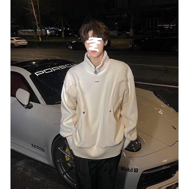 

High-end ruffian handsome semi-zipper sweater men s winter American heavy trendy brand stand-up collar top contrasting color design couple jacket 3XL абрикосовий