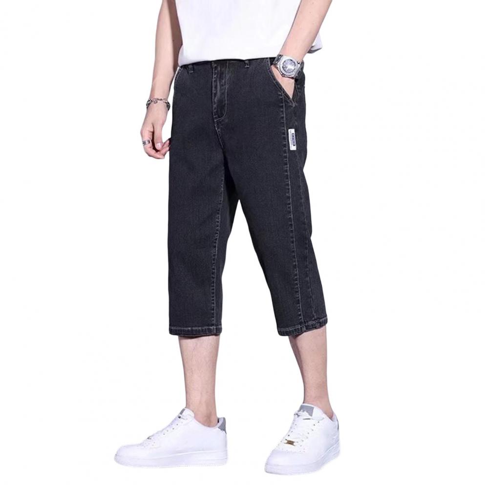 

Мужские укороченные джинсы, прямые брюки, однотонные джинсовые брюки до середины икры на молнии, летние тонкие укороченные брюки на пуговицах M чёрный