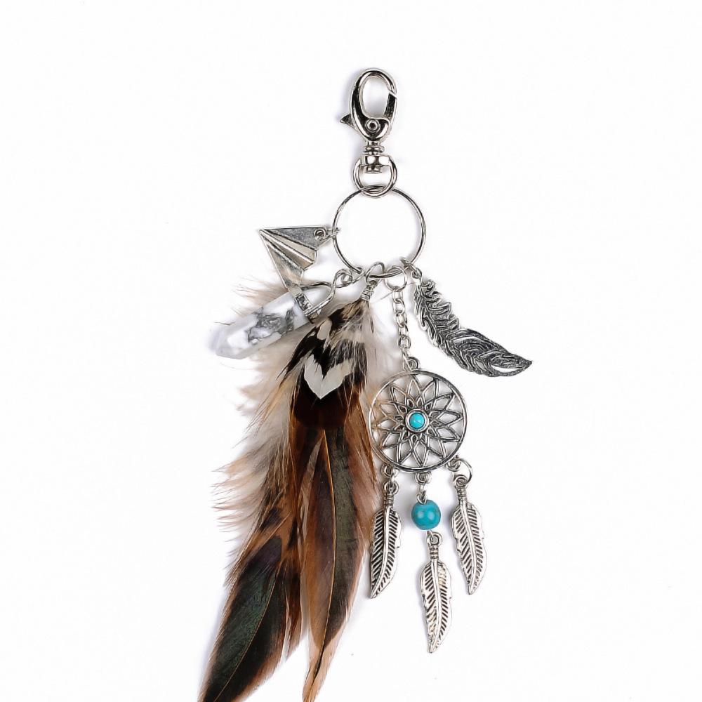 Natural Crystal Agate Feather Alloy Dream Catcher Keychain for Women's Bags