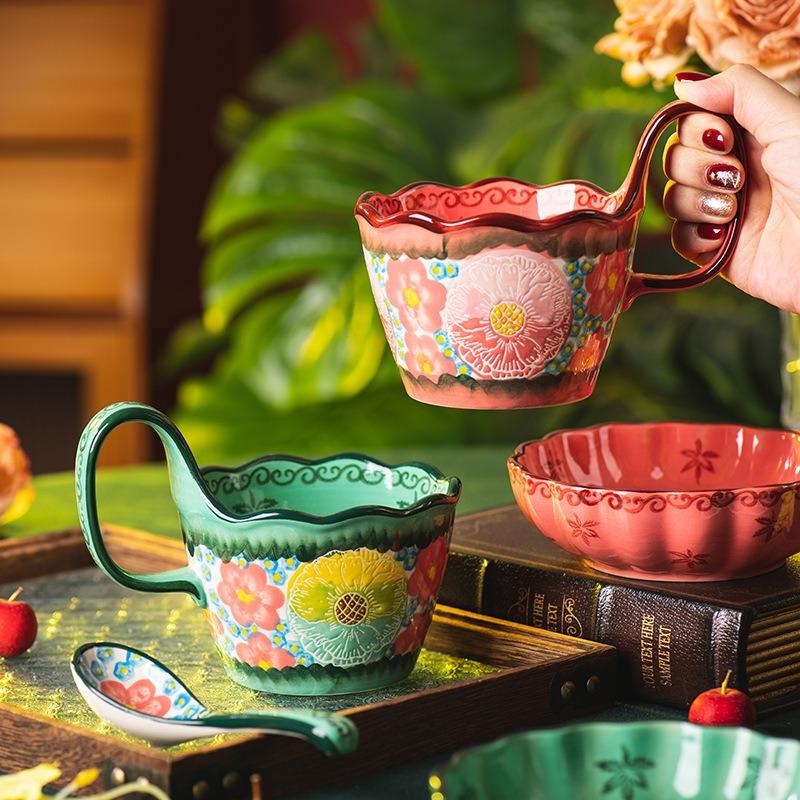 Green shadow cup ceramic mug household drinking cup office retro breakfast cup couple cup coffee cup