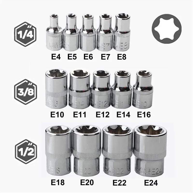 Set di Bussole E-Torx Femmina con Custodia, 1/4, 3/8, 1/2 poll.. Kit di 14 bussole torx esterne Drive E4-E24