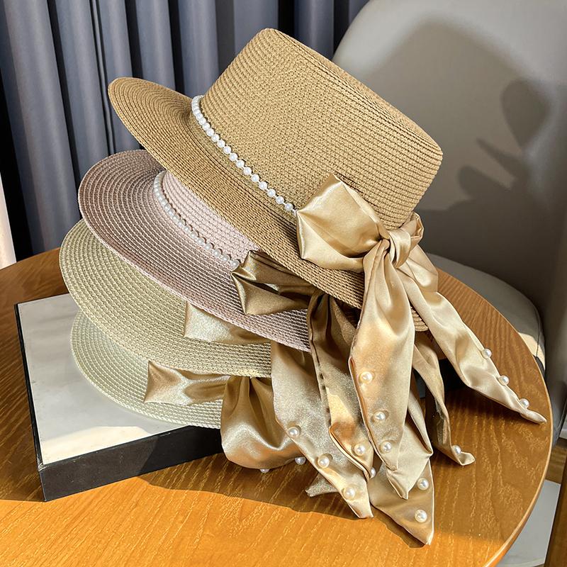 Summer Elegant Ribbon Bow Pearl Grass Hat Women's Seaside Beach Outing Shading Versatile Top Hat Tide