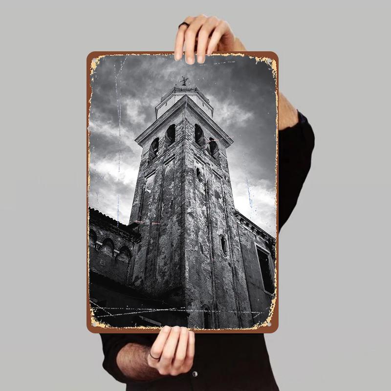 

Vintage European Bell Tower Metal Wall Art Black and White Vintage Home Decor Hanging Painting 7.9x11.8In(20x30cm)