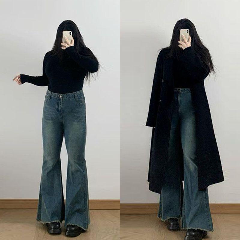 

Plus-Size Women s Blue Flared Jeans, New Style for Curvy Women, High Street Fashion, Petite Slimming Bell-Bottom Pants Blue 2XL