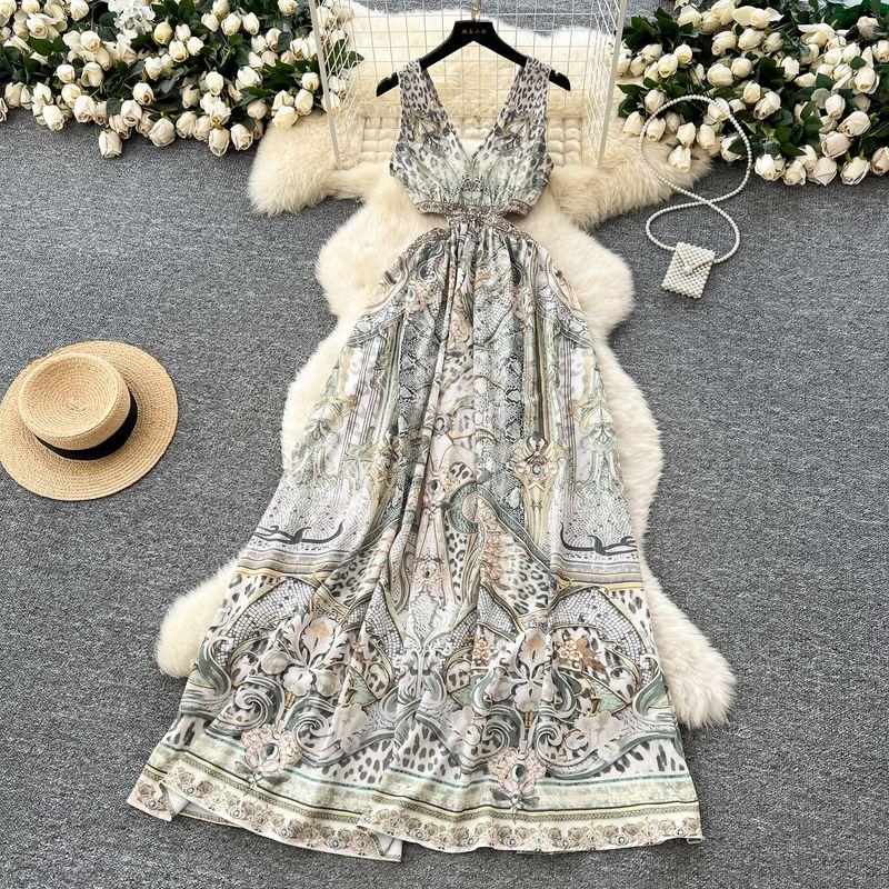 Seaside Holiday Style Dress Women Summer Design Sense Niche Hollow Waist V-neck Sleeveless Print Backless Long Dress