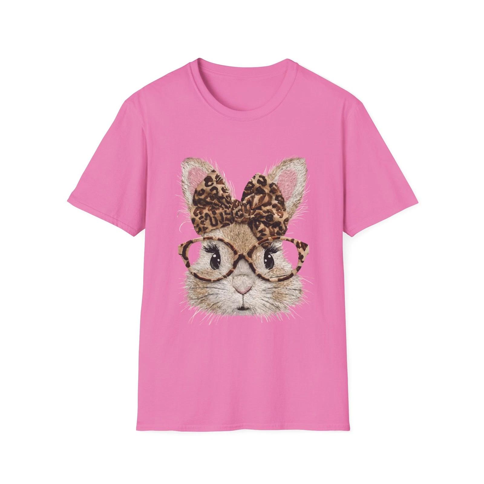 Womens Easter Leopard Bow Bunny with Glasses T-Shirt Cute Animal Shirt S