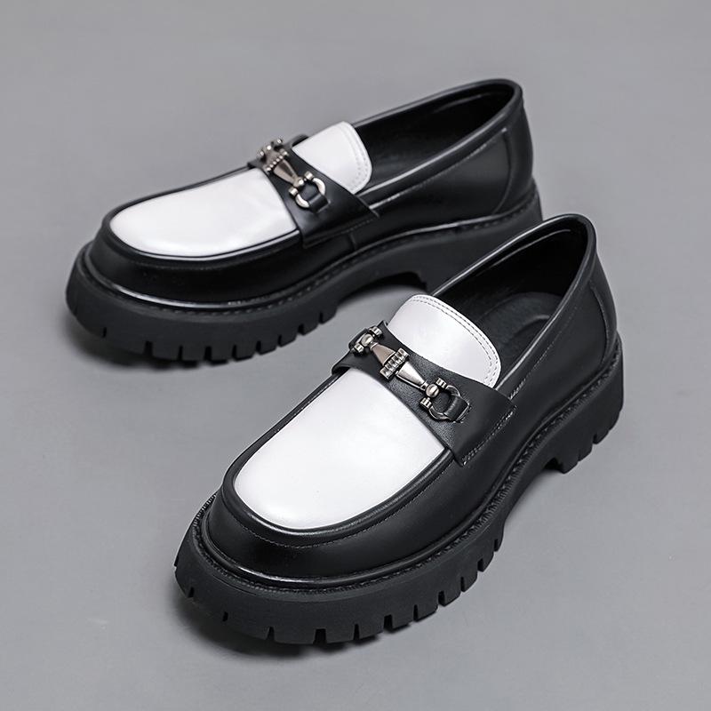 Four Seasons Men's Thick-Soled Black & White Tassel Loafers – Low-Top Leather Casual Shoes