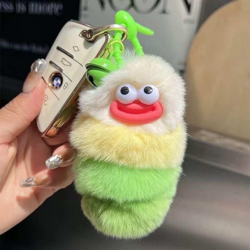 Adorable Caterpillar Faux Rabbit Fur Keychain - 2026 Trendy Cartoon Pendant