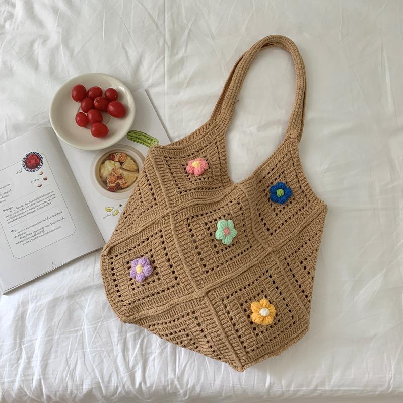 Yogodlns Summer New Hollow out Knitted Flower Tote Bag Single Shoulder Commute High-End Feeling Large Capacity Business Commuting