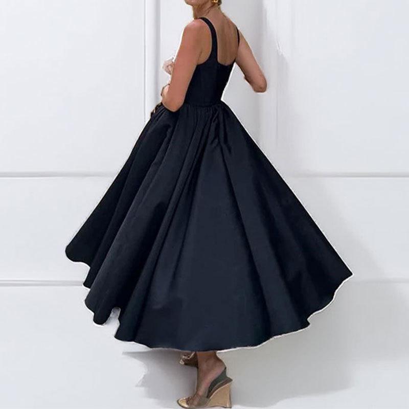 Women's Black Dress Square Collar Backless Zipper Elegant Temperament Hepburn Style Big Party Suspender Long Skirt
