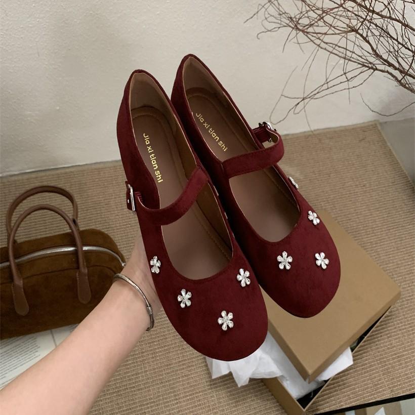 French Rhinestone Flower Mary Jane 2025 Small Square Head Light Mouth Single Shoes Women's Word with Silver Mary Jane Shoes